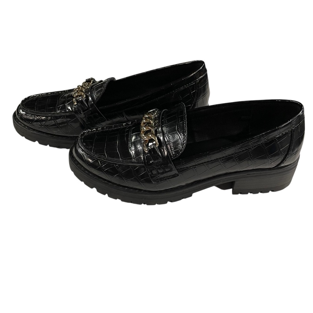 Old Navy Black Croc Faux Leather Loafers Chunky Heel Women’s 8.5 Street Style
